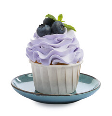 Tasty cupcake with blueberries and mint isolated on white