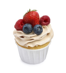 Tasty cupcake with different berries isolated on white