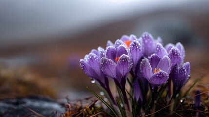 Purple crocus flowers glistening with dewdrops under natural light, captured in a close-up shot,...