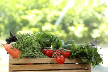 Different aromatic herbs and vegetables in wooden crate outdoors, closeup. Space for text