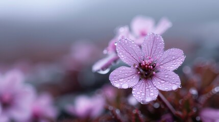 A single pink flower, covered in water droplets, stands in sharp focus against a blurred background, capturing the delicate beauty and freshness after a rain shower.