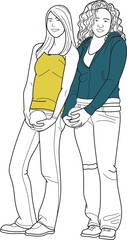 Girl friends holding ball in hand, hand drawn in thin line style