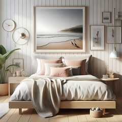Free Photo Home mockup, simple cozy Coastal bedroom interior background, 3d render, photo generative Ai 