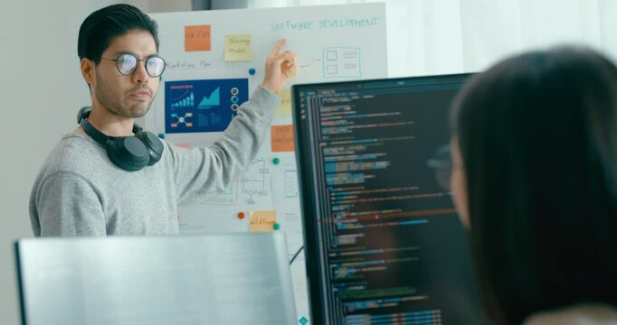 Group adult Asia male female software developers mentor leader manager talk strategy plan to executive write prompt AI bot IT app program nomad, video game, data center. Whiteboard slideshow code.
