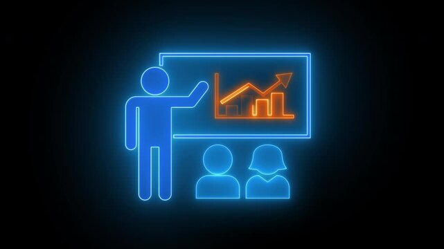 Training icon, coaching concept, teacher and learner, presentation, conference, lesson, seminar, education symbol. Glowing neon line of animated training icon isolated on transparent background.