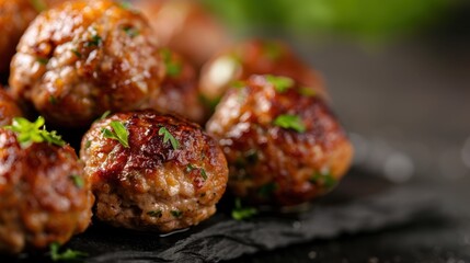 The image features a close-up shot of several grilled meatballs, garnished with fresh herbs, arranged on a dark surface, creating an appetizing and savory visual.