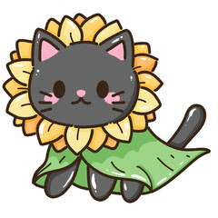 Hand drawn doodle illustration kawaii cute black cat named Luna kitten Fall sunflower thanksgiving decoration,halloween, autumn