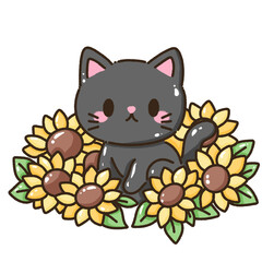 Hand drawn doodle illustration kawaii cute black cat named Luna kitten Fall sunflower thanksgiving decoration,halloween, autumn