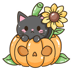 Hand drawn doodle illustration kawaii cute black cat named Luna kitten Fall sunflower thanksgiving decoration,halloween, autumn