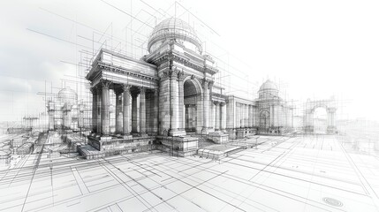 Fototapeta premium Detailed architectural sketch with buildings and landmarks, ample copy space