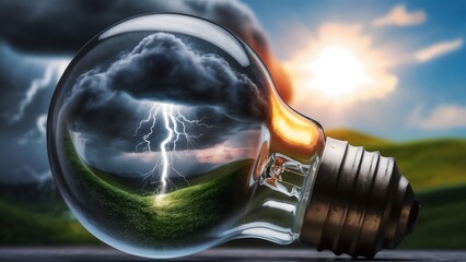 Abstract image of a light bulb with a stormy sky inside that glows with lightning