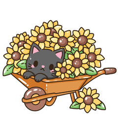 Hand drawn doodle illustration kawaii cute black cat named Luna kitten Fall sunflower thanksgiving decoration,halloween, autumn