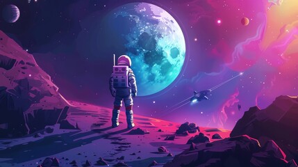Obraz premium Sci-fi space illustration with a galaxy, moon, and astronaut, ideal for posters or backgrounds.