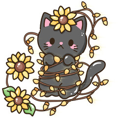 Hand drawn doodle illustration kawaii cute black cat named Luna kitten Fall sunflower thanksgiving decoration,halloween, autumn