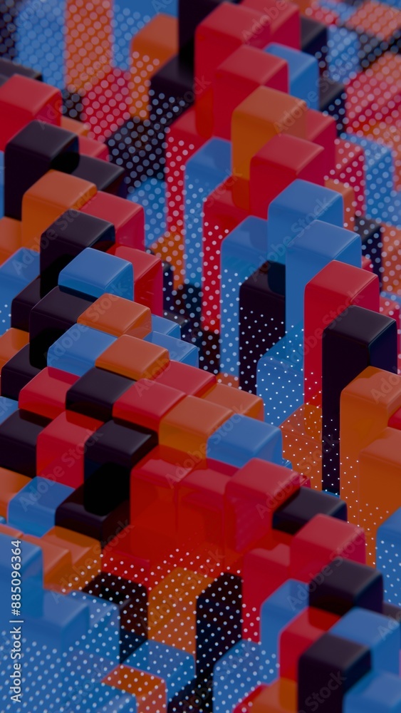 Poster Floating Multicolored Transparent and Opaque Cubes on Black Background..
