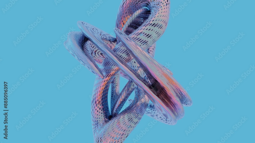 Poster Abstract Twisted Perforated Tubes with Gradient Colors on Blue Background..