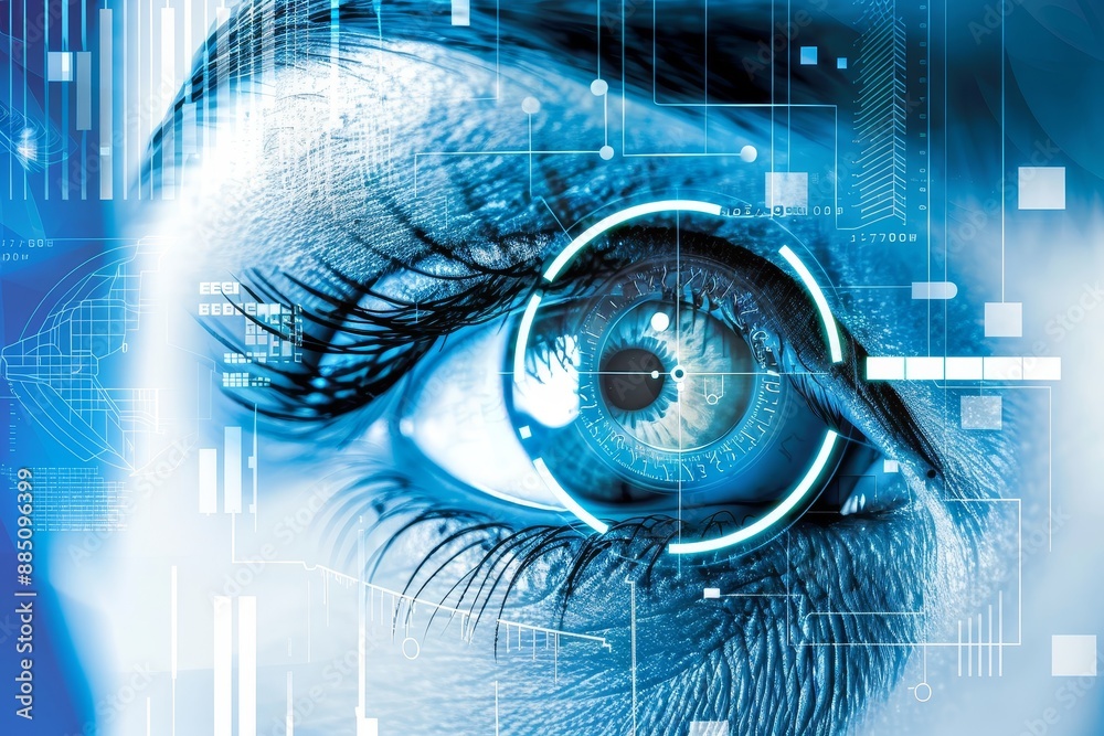 Poster a close-up of a human eye enhanced with digital technology, showcasing futuristic design and cyberne