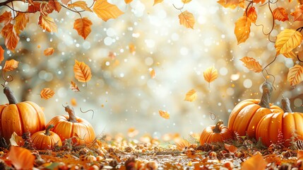 Seasonal illustration with autumn leaves and pumpkins, ample copy space