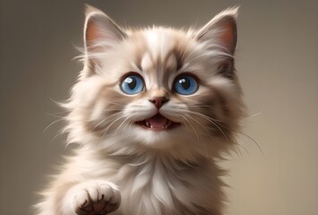 Cute Ragdoll cat, happy and positive. Isolated on a light beige background