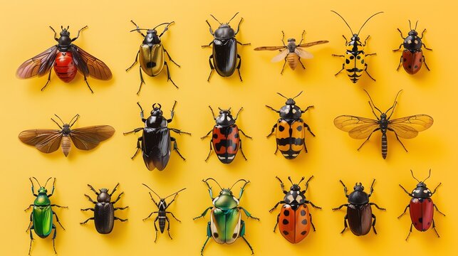 A collection of colorful beetles and insects on a yellow background.