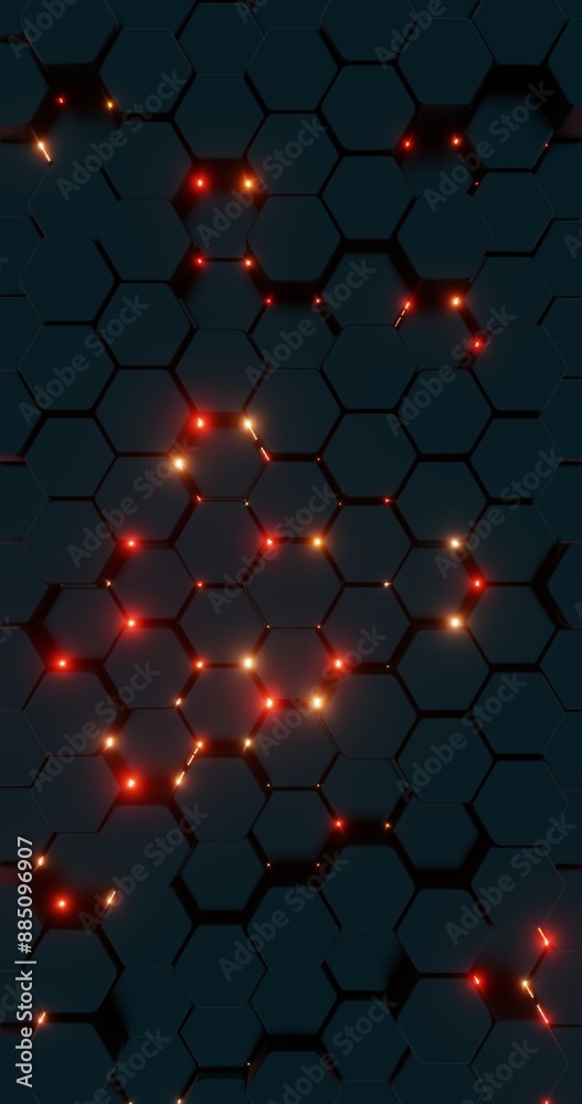 Poster Futuristic Hexagonal Pattern with Red Illuminated Lines..