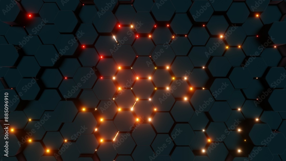 Poster Futuristic Hexagonal Pattern with Red Illuminated Lines..