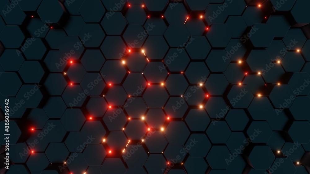 Poster Futuristic Hexagonal Pattern with Red Illuminated Lines..