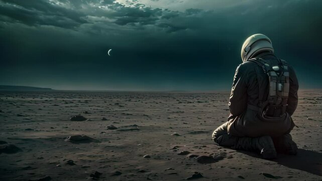 Video animation of astronaut sitting on the surface of a barren planet. astronaut is looking towards the horizon where a crescent moon is visible in the dark sky