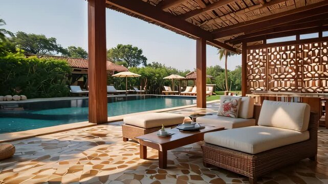 Video animation of outdoor luxury patio area adjacent to a swimming pool. The setting appears to be in a tropical location, given the lush greenery visible in the background