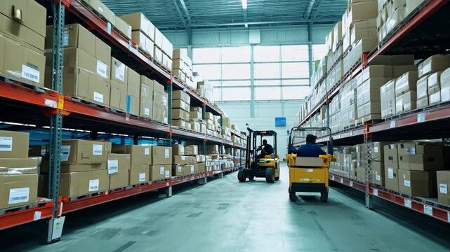 A forklift driver is navigating a warehouse full of boxes. The warehouse is very large and has many shelves. The driver is focused on his task and is driving the forklift carefully
