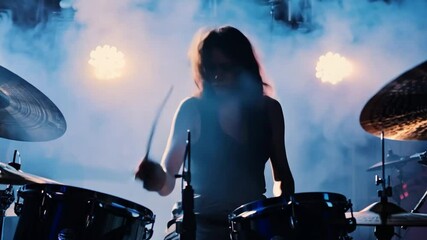 A woman playing drums , emotional woman playing drums in studio.