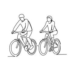 Obraz premium continuous single drawn one line of loving couple riding bicycles hand-drawn picture silhouette. Line art. doodle