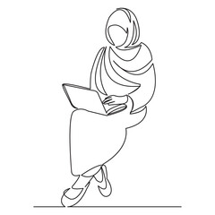 continuous single drawn one line muslim girl with laptop hand-drawn picture silhouette. Line art. doodle