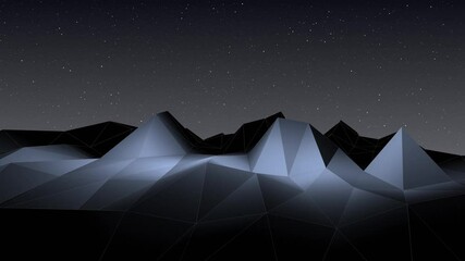 Speeding over a dark low poly terrain landscape at night with shining stars. Full HD and looping retro futuristic motion background animation. Full HD and looping synthwave background. - Powered by Adobe