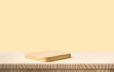 Chopping board on endgrain wood table or kitchen counter bar