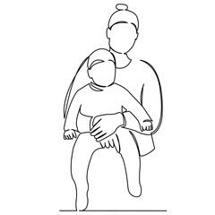 continuous single drawn single line. woman mom holds child hand-drawn picture silhouette. Line art. doodle