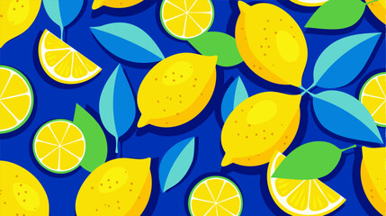 Cute bright lemon pattern background in yellow and blue tones. Slice of tropical fruits, fresh green leaves, yellow lemons on a blue background. Spring, summer conceptual background.