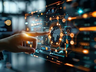 a person presses a high-tech hologram monitor with a glowing world map.IT and AI power concept in the future of the world.information technology conceptual