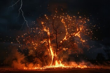 Burning tree by lightning