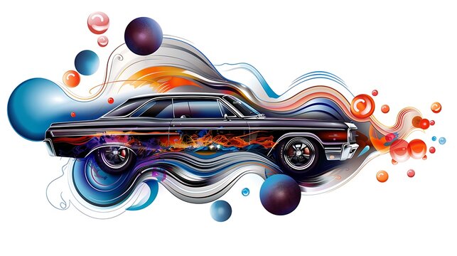 A vibrant, stylized image of a classic car surrounded by colorful abstract swirls and circles, blending retro and modern design elements.