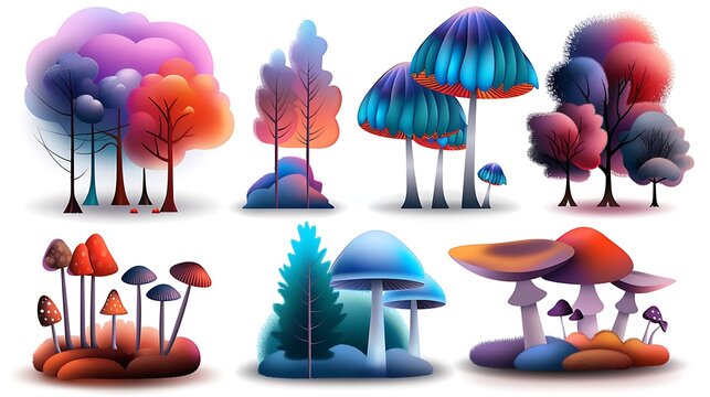 Isometric fantasy forest with trees and mushrooms in the colorful game art style of simple shapes and flat design. Isomapphire landscape in the cartoonish design style of simple shapes and flat