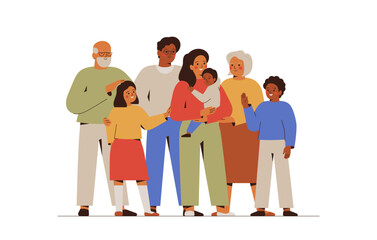 Multiracial family with children, parents and grandparents. Three generations of white and black people stand and embrace together. Vector illustration