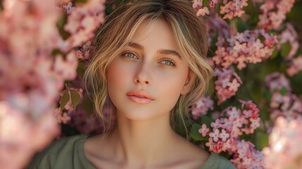 Naklejka premium A young woman with captivating green eyes stands amidst a blur of pink blossoms, embodying spring's essence.