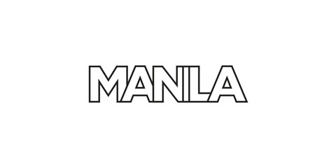 Manila in the Philippines emblem. The design features a geometric style, vector illustration with bold typography in a modern font. The graphic slogan lettering.