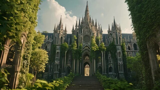 Video animation of grand, Gothic-style cathedral surrounded by lush greenery under a clear sky, architecture is intricate, featuring pointed arches, numerous spires, and detailed stonework