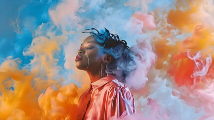 Artistic portrait of a woman surrounded by colorful smoke, creating a surreal and dreamy atmosphere.
