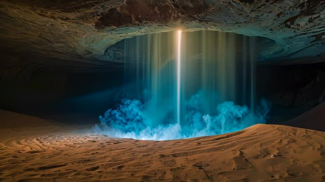 Video animation of natural underground cave illuminated by a beam of light coming from an opening at the top.