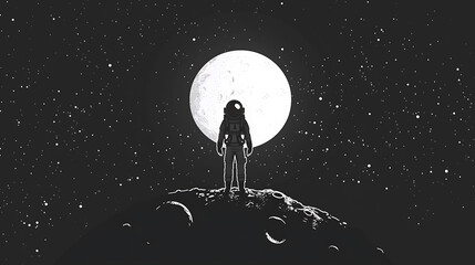Astronaut gazes at the moon in the starry night sky