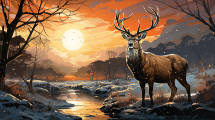 A Stag Standing In A Snowy Field With The Sun Shining Through The Trees