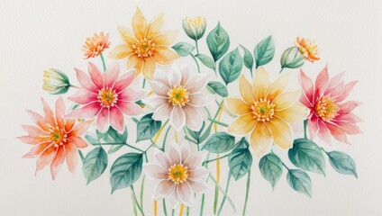 Obraz premium Watercolor Illustration of Flowers Petals and Leaves on White Canvas